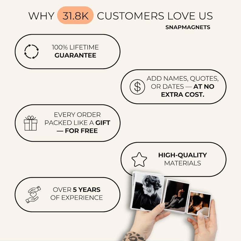 May include: Image promoting Snapmagnets, featuring text: "Why 31.8K Customers Love Us." Highlights include a lifetime guarantee, free gift packaging, over 5 years of experience, and the ability to add names, quotes, or dates at no extra cost. The image shows high-quality materials.