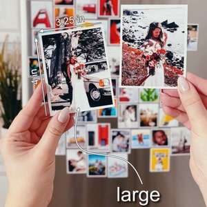 A personalized photo fridge magnet used as a save-the-date card with elegant text and couple's engagement photo