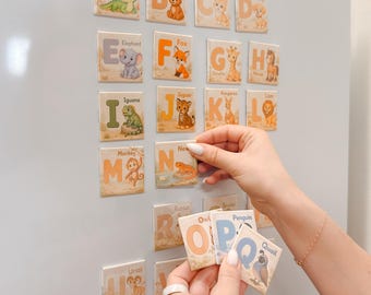 Alphabet Button Magnets: Fun Animal Alphabet, 2x2 Square Magnets, English Alphabet Magnets, Gift for Kids