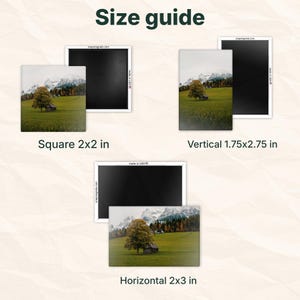 The image is a size guide for different print sizes, including square 2x2, vertical 1.75x.75, and horizontal 2x3.