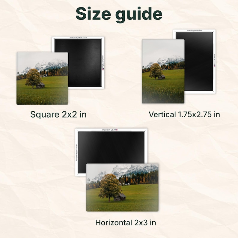 The image is a size guide for different print sizes, including square 2x2, vertical 1.75x.75, and horizontal 2x3.