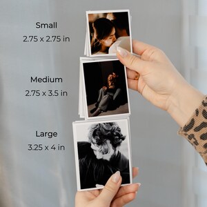A person's hand holding three different sizes of photo cards, with the largest card being 3.25 x 4 inches and the smallest being 2.75 x 2.75 inches.