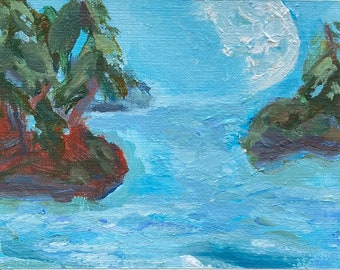 Original Acrylic Painting on Paper,  Moon Rising Over the Lake on an Autumn Day, Small Art