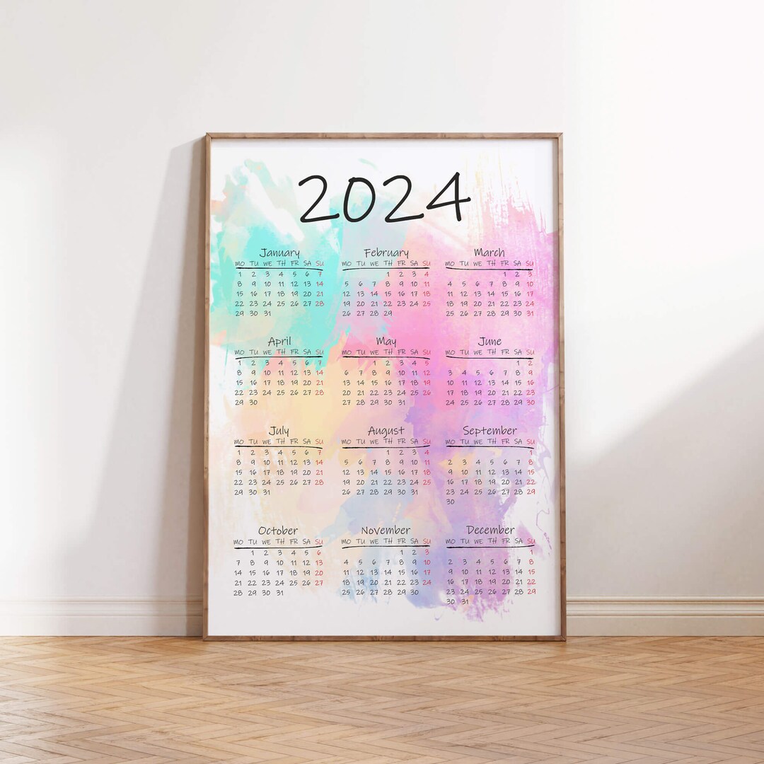 Watercolor Calendar 2024 Minimal One Page Calendar for 2024 - Etsy