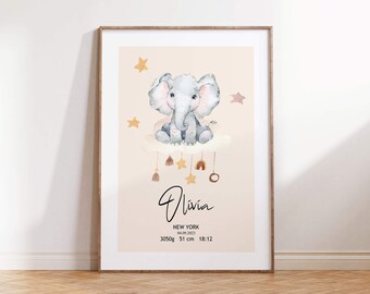 Custom Birth Stats | Personalized Birth Announcement | Watercolor Animal Print For Children Room | Newborn Baby Girl Gift | Baby Room Ideas