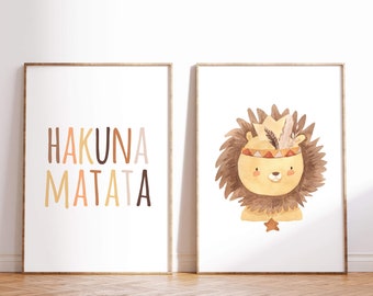 PRINTABLE Nursery Wall Art | Set of 2 Prints | Lion Nursery Art Print | Boho Safari Animal | Hakuna Matata Nursery Print | Baby Room Ideas