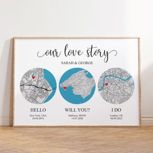 Impression personnalisée de notre carte d'histoire, Bonjour Will You I Do, Our Love Story Custom Map, Met Engaged Married Map, Cadeaux pour lui, Cadeaux pour elle