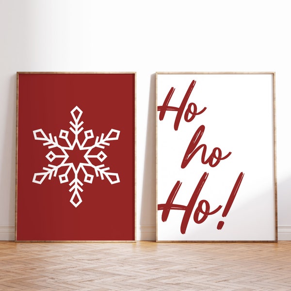 Gallery Set of 2 Christmas Prints | Xmas Printable Home Decor | Christmas Snowflake Decoration | Ho Ho Ho Wall Art | Red Christmas Prints