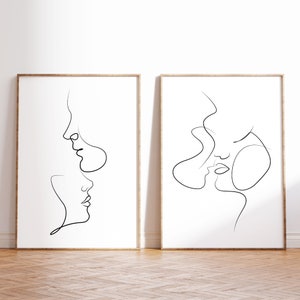 Cara de dibujo lineal de pareja | Pareja de arte lineal | Amantes del cartel | Juego de 2 impresiones artísticas para pared | Arte de pared minimalista imprimible