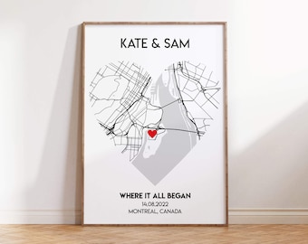 Where It All Began | Where We Met Custom Map | Anniversary Gift | First Date Gift | Our First Date Memory Heart | Gifts For Her/Him