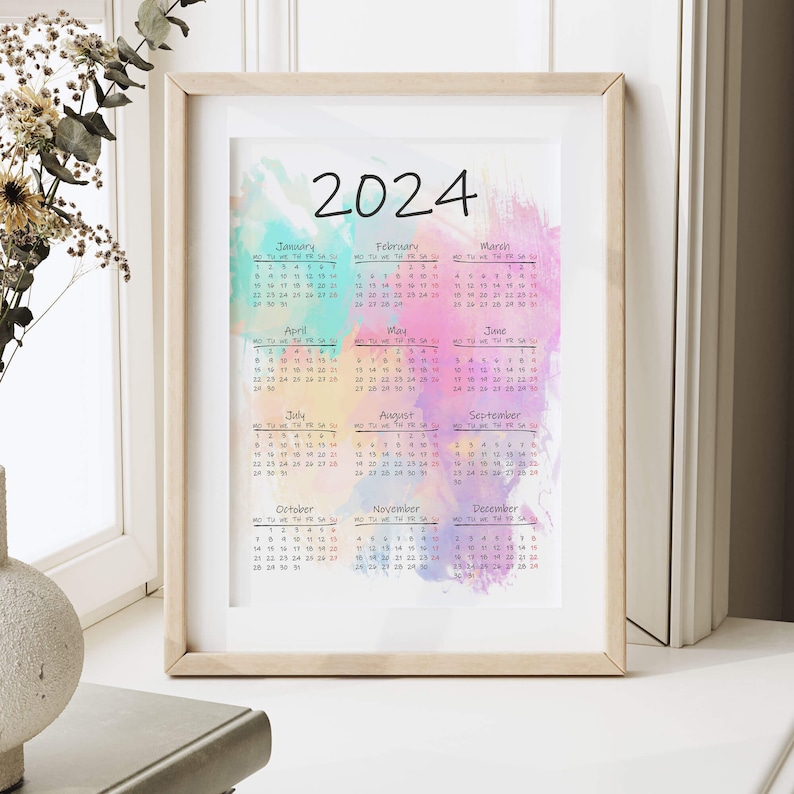 Watercolor Calendar 2024 Minimal One Page Calendar for 2024 - Etsy