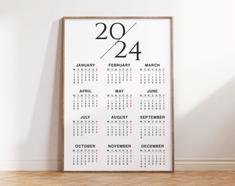 Modern Minimalist One Page Calendar 2024 | 2024 Printable Calendar | Modern Wall Calendar | Yearly Calendar | Year at a Glance