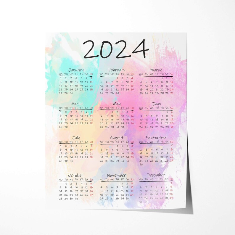 Watercolor Calendar 2024 Minimal One Page Calendar for 2024 - Etsy