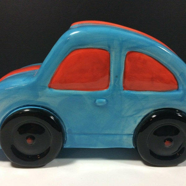 Bug Car Bank Volkswagen VW Beatle Ceramic Blue with Red Stripe 8" L
