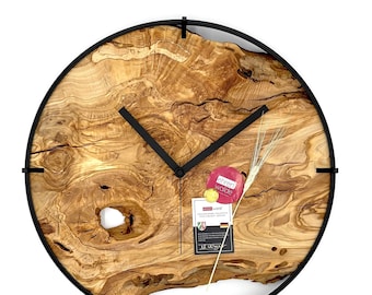 XXL wall clock incl. dial as wall decoration large olive wood tree slice with silent creeping clockwork in black and anthracite