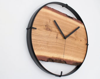Horloge murale en bois de chêne grand XXL avec cadran, idée cadeau ou décoration murale rustique en bois véritable accroche-regard horloge en bois cadeau or noir