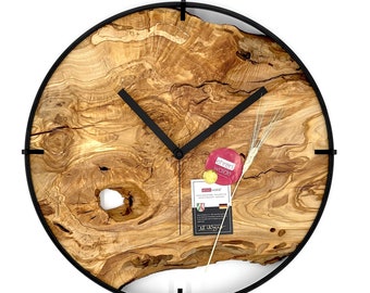 Reloj de pared XXL como decoración de pared, gran disco de madera de olivo con mecanismo de relojería silencioso y rastrero en negro y antracita, incluye esfera