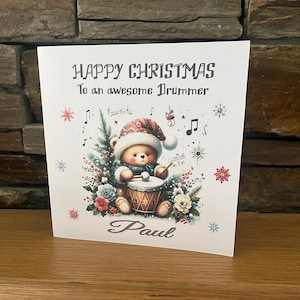 Cartão de Natal personalizado, Cartão de Natal para instrumento musical, Cartão de Natal para músico, Cartão de música, Baterista, Bateria lateral, Professor de música
