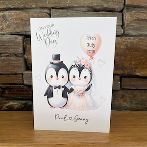 Tarjeta personalizada para el día de la boda, el día de tu boda, tarjeta de recuerdo, linda tarjeta de boda, linda tarjeta de boda con pingüino, novios personalizados