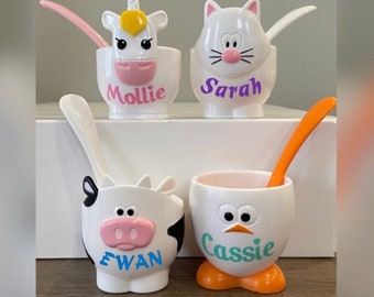 Personalised Egg cups with matching spoon/Unicorn egg cup/Cat egg cup/Cow egg cup/egg cup/personalised git for kids/easter gift