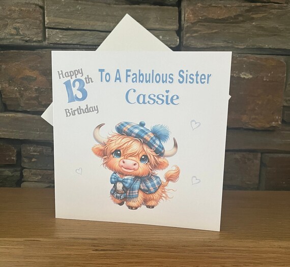 OpalDesigns Personalised Highland Cow Birthday Card – Female, Wife, Daughter, Sister, Niece, Friend – 15cm Square, UK Made