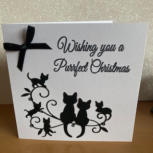 Tarjeta de Navidad personalizada, Tarjeta de Navidad hecha a mano, Tarjeta de Navidad con lazo, Tarjeta de Navidad en blanco y negro, Tarjeta de Navidad con temática de gato