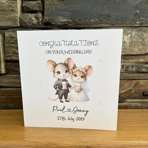 Tarjeta de boda personalizada, felicitaciones por el día de tu boda, tarjeta de recuerdo, linda tarjeta de boda con ratones, tarjeta de boda personalizada con ratones