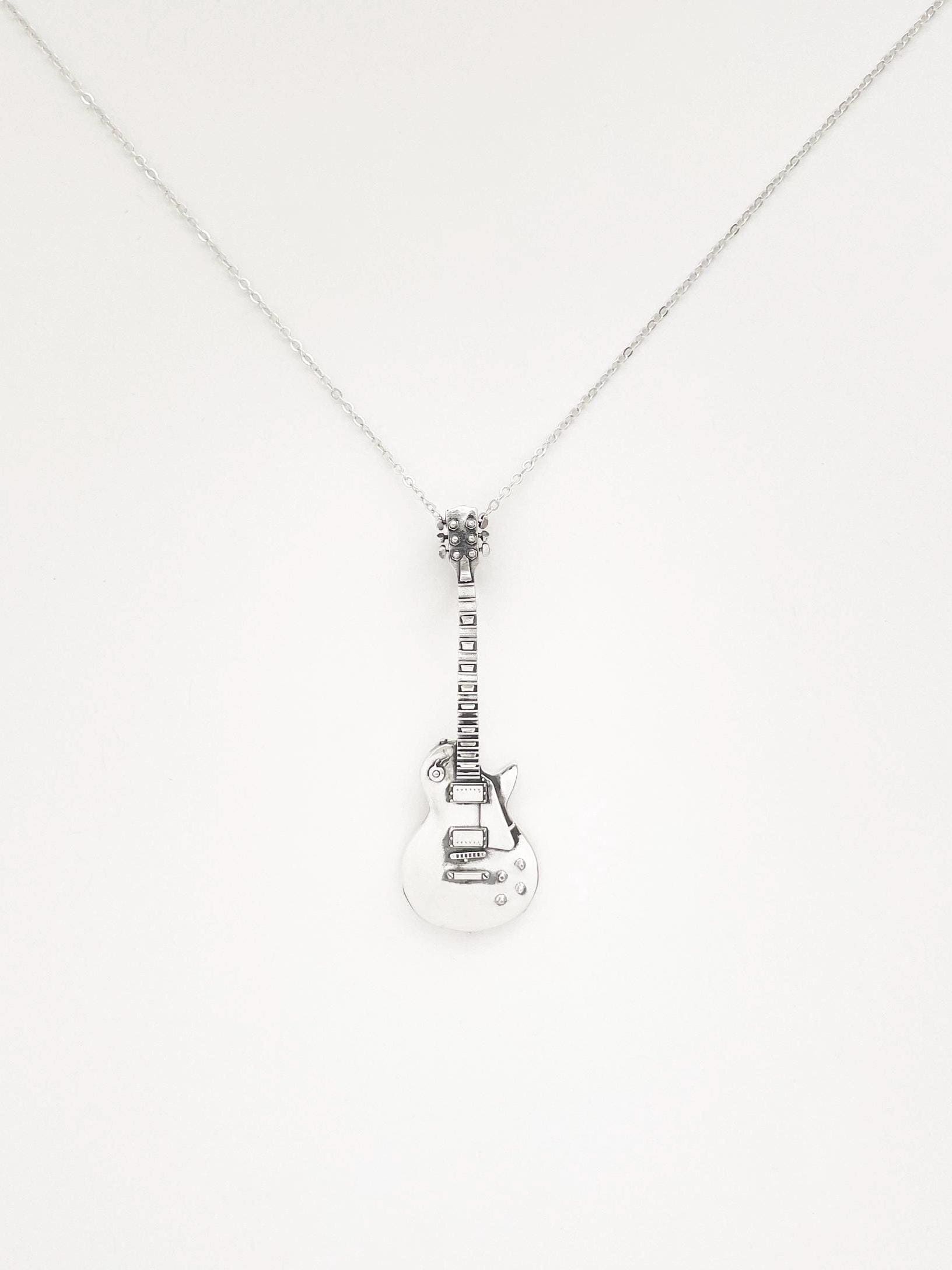 14K Solid White Gold Guitar Necklace Pendant - IceCarats Premium Jewelry