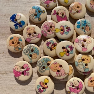 x25 Boutons en bois bébé 15mm pour bricolage, boutons en bois, boutons de pull, cardigan, boutons de bricolage, boutons, boutons 15mm, bébé, bleu, rose