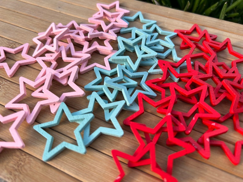 x10 Estrellas de madera con 35mm, decoración de bodas, estrellas de madera contrachapada, formas de madera, formas artesanales de madera, estrellas azules, rosas, rojas, estrellas de Navidad imagen 2