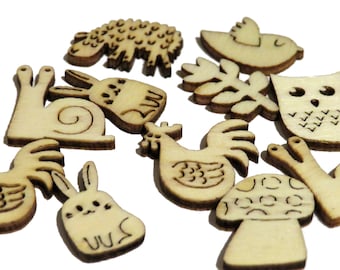 x10 Unfinished small wooden animals mix, 10-15mm, wood animals shape, wooden shapes, farm animals, wooden crafts, toy, plywood animals