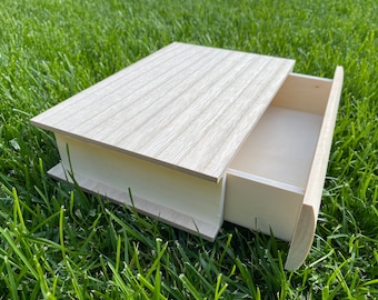 Onafgewerkte houten kist in de vorm van een boek, onafgewerkte houten kist, doe-het-zelf houten kist, sieradendoos, sieradendoos