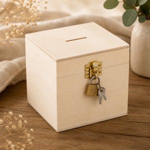 Unfertige Spardose aus Holz mit Schließfach, Spardose aus Holz, Bastel-Spardose, Geschenk, Reisekasse, Abenteuerkasse, Sparschwein, Spardose, Zuhause