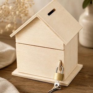 Unfertiges Spardosenhaus aus Holz mit Schließfach, Spardose aus Holz, Bastel-Spardose, Geschenk, Reisekasse, Abenteuerkasse, Sparschwein, Spardose