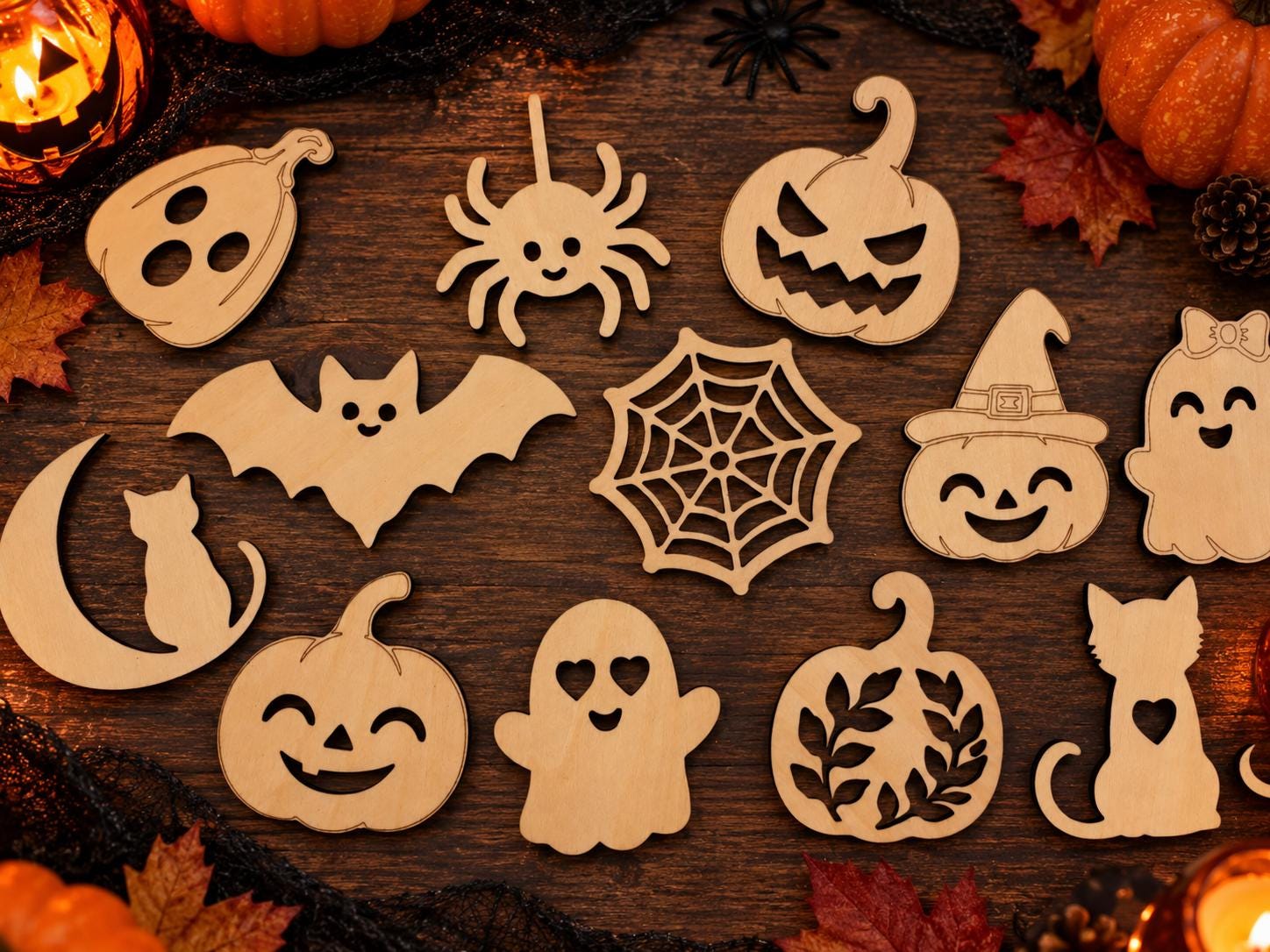 Halloween Wooden Shapes - Laser Cut & Engraved MDF or Plywood, 25 Halloween Designs, DIY Craft Decorations, Halloween Ornaments, Pumpkin Bat