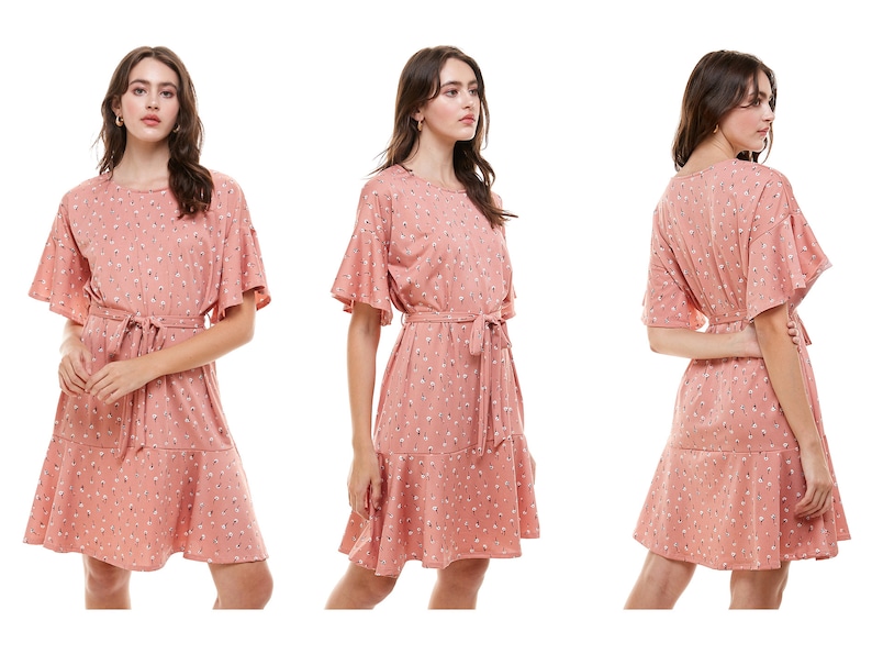 InXeam Women Crew Neck Half Bell Sleeve Relaxed Fit Fabric Belt Midi Dress Made in USA