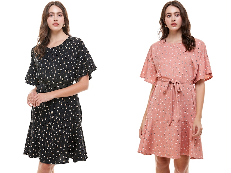 InXeam Women Crew Neck Half Bell Sleeve Relaxed Fit Fabric Belt Midi Dress Made in USA
