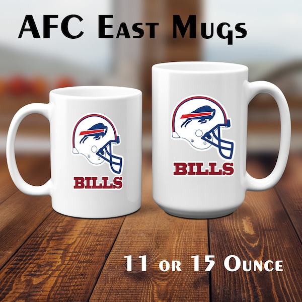 NFL Mug Designs, AFC East, Buffalo Bills, New England Patriots, Miami Dolphins, NFL Coffee Mugs, afc East Coffee Mugs, 11 and 15 Ounce Mugs