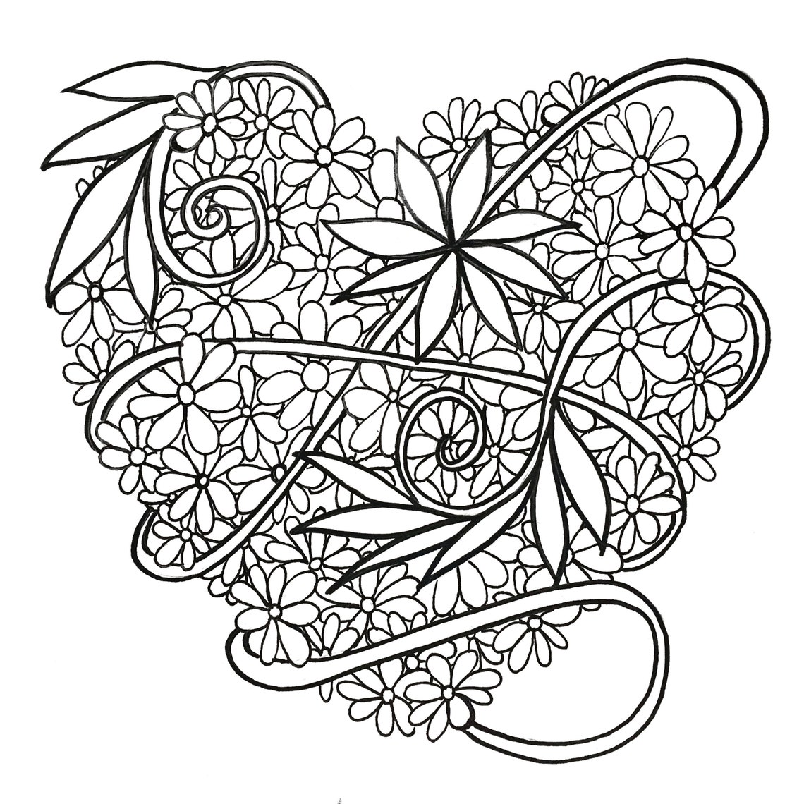 Flower Heart Coloring Page Etsy