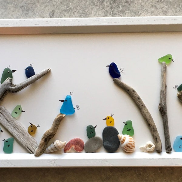 THE ORIGINAL TWITTER #17, Rare Seaglass Bird Art, Lovely Driftwood, Shells, White Frame, Coastal and Ocean, Seaglass Seagirl