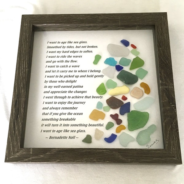 AGE LIKE SEAGLASS L69,  Bernadette Noll Poem, Grey Shadowbox Frame, Beach Glass, Best Seller, Ocean, Coastal, Seaglass Seagirl