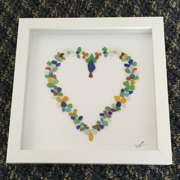 SEAGLASS HEART WREATH #7, White Shadowbox Frame, Rare colors of red, blue, yellows, ambers, Art, Best Seller, Seaglass Seagirl