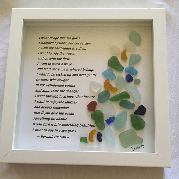 AGE LIKE SEAGLASS L73,  Bernadette Noll Poem, Choice of Black, White, Grey Shadowbox Frame, Best Seller, Ocean, Coastal, Seaglass Seagirl