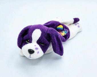 Gorro de Lisa Frank, gorro violeta de Lisa Frank, gorro de perro de Lisa Frank, peluche de Lisa Frank, peluche de perro de Lisa Frank, peluche de Lisa Frank