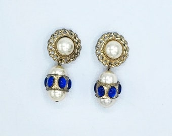 Vintage Blue and Gold Tone Pearl Earrings, Vintage Blue Pearl Earrings, Vintage Pearl Earrings, 80s Earrings, Vintage Blue Gold Earrings