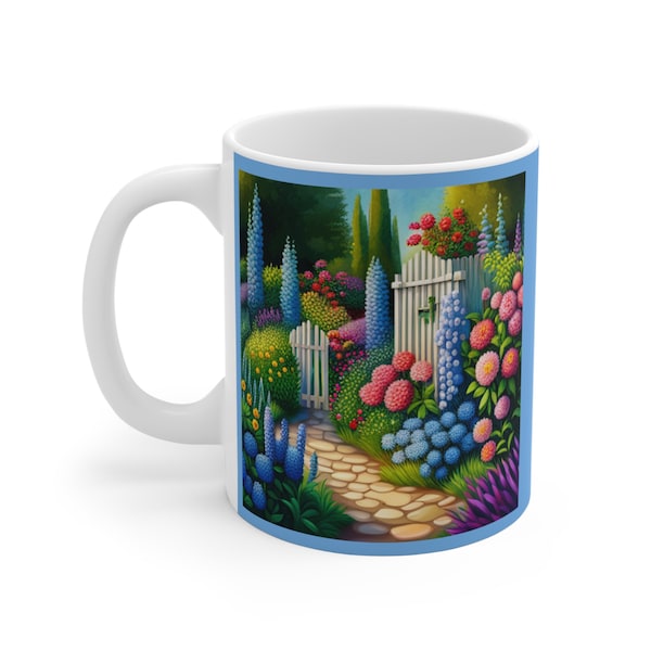 Garden Mug, 11oz Mug, Whimsical, Hydrangea, Peonies, Magical, Colorful, Mother's Day Gift, Coffee Cup, French Blue, White Picket Fence