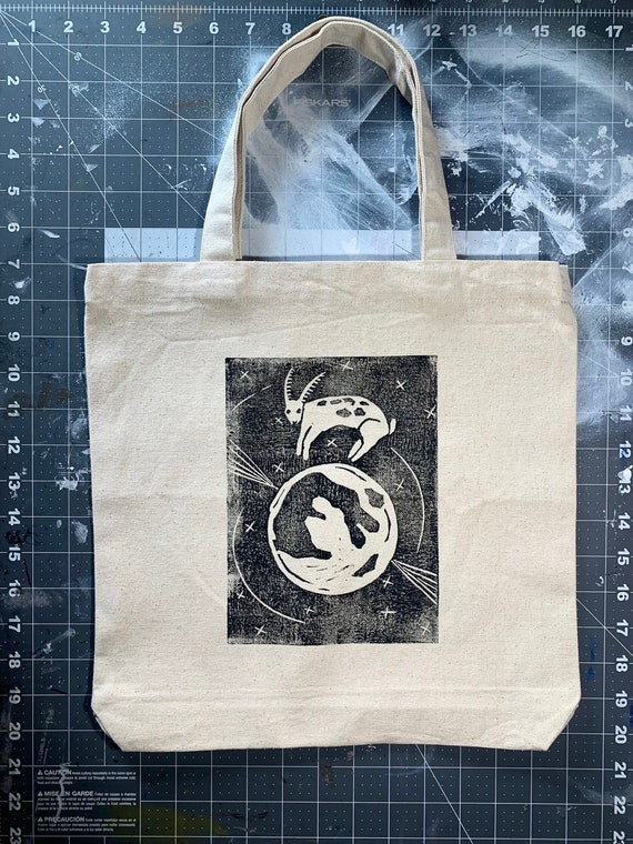 over the moon bunny block print tote bag