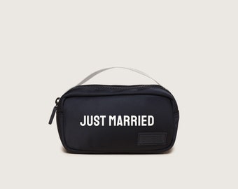 Black Just Married (Jet)Nylon Pouch, Small Zipper Travel Wallet, Travel Belt Add-On, Minimalist Travel Gift For Her
