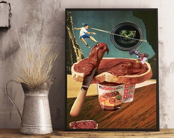 Retro Nutella Skateboarding digital collage, vintage collage art, surrealism, print, poster, room decor, wall art, multiple sizes