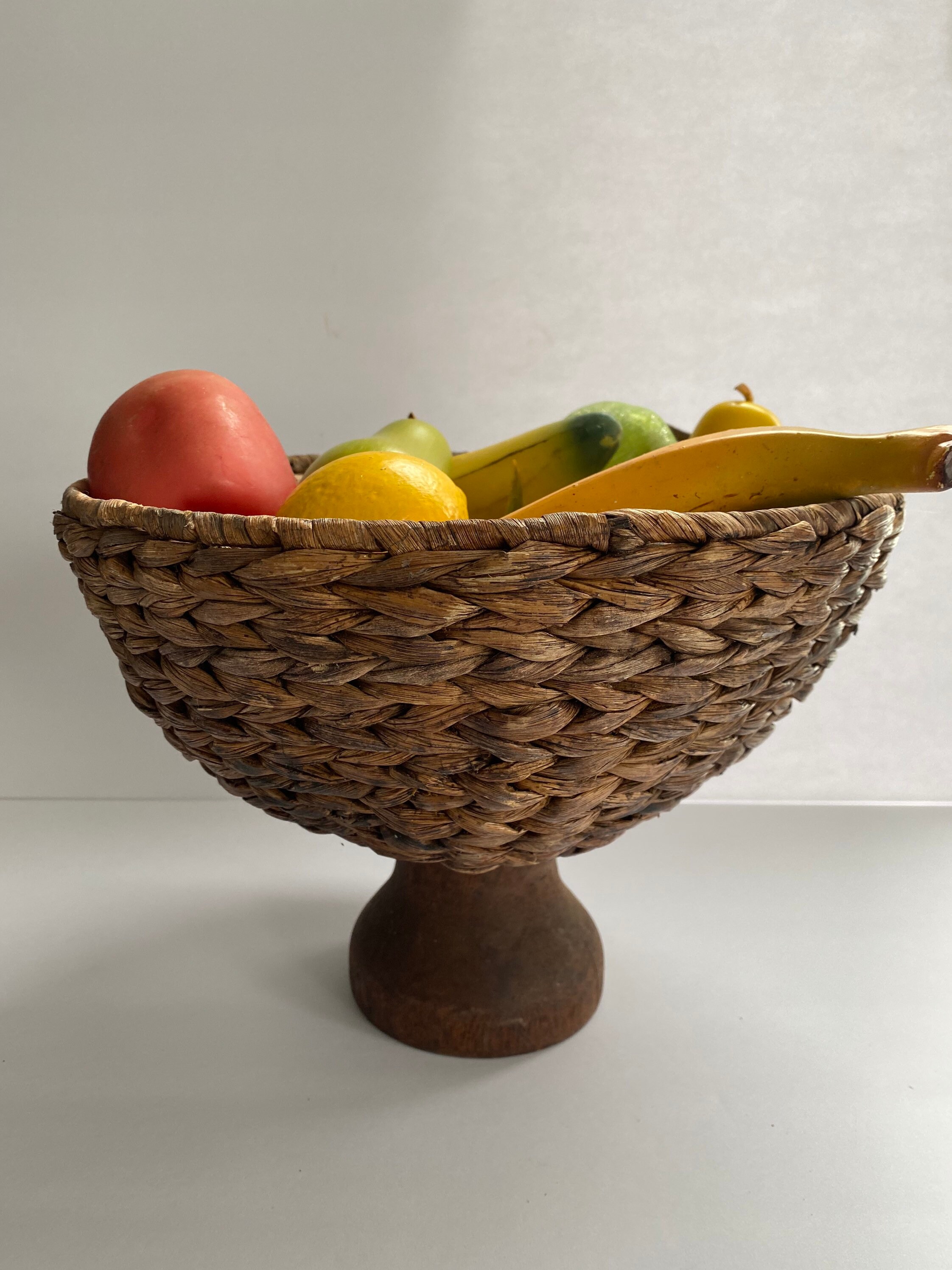 Vintage Woven Pedestal Fruit Bowl With Wood Fruit Table Decor Etsy